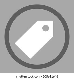 Tag vector icon. This rounded flat symbol is drawn with dark gray and white colors on a silver background.