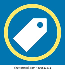Tag vector icon. This rounded flat symbol is drawn with yellow and white colors on a blue background.