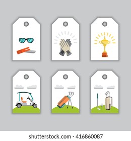 Tag vector image of sports equipment for Golf, such as Golf bag, putter, golfer, ball, hole, Golf course. The golfer will hit the ball towards the hole.