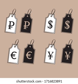 Etiqueta. Vector. Etiqueta de precio. Ruble. Dólar.Euro. Yen. El negro. Blanco. Iconos por dinero. Iconos a la venta. Ventas