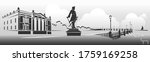 Taganrog Russian city black and white horizontal banner. Silhouettes  Pushkin promenade and Statue of Peter The Great.