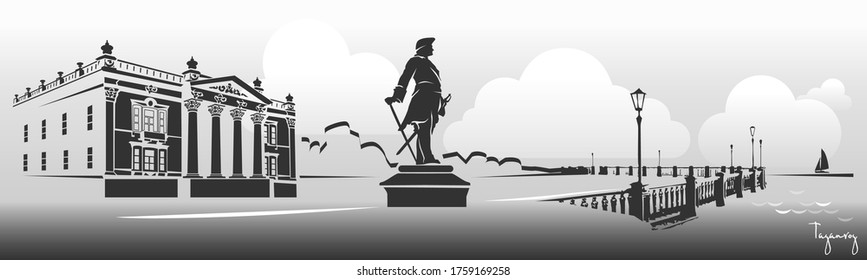 Taganrog Russian city black and white horizontal banner. Silhouettes  Pushkin promenade and Statue of Peter The Great.