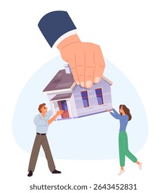 Tagged big legal hand takes home from man and woman. Mortgage debt. Family bankruptcy. Couple eviction. Property foreclosure. Collector arm. Tax and loan non-payment. Financial failure. Vector concept