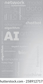 Tagged tag cloud on artificial intelligence, background, screensaver, banner on AI, word texture, word pattern