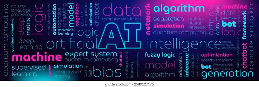 Tagged tag cloud on artificial intelligence, background, screensaver, banner on AI, word texture, word pattern