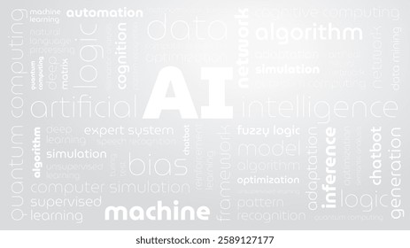 Tagged tag cloud on artificial intelligence, background, screensaver, banner on AI, word texture, word pattern