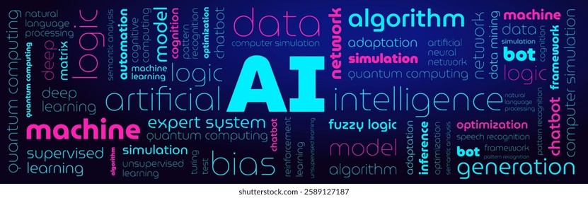 Tagged tag cloud on artificial intelligence, background, screensaver, banner on AI, word texture, word pattern