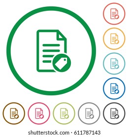 Tagging document flat color icons in round outlines on white background