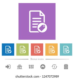 Tagging document flat white icons in square backgrounds. 6 bonus icons included.