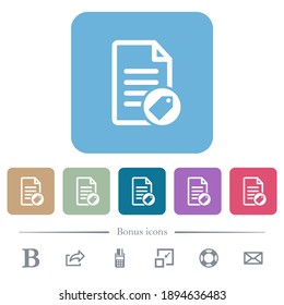 Etiquetado de los iconos planos blancos del documento en los fondos cuadrados redondeados de color. 6 iconos de bonificación incluidos