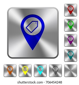 Tagging GPS map location engraved icons on rounded square glossy steel buttons