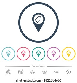 Tagging GPS map location flat color icons in round outlines. 6 bonus icons included.