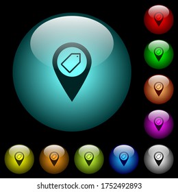 Etiquetado de los iconos de localización de mapas GPS en botones de vidrio esférico iluminados de color sobre fondo negro. Se puede utilizar para plantillas en negro u oscuro