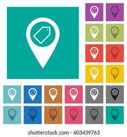 Tagging GPS map location multi colored flat icons on plain square backgrounds. Included white and darker icon variations for hover or active effects.