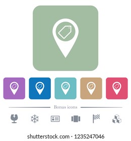 Tagging GPS map location white flat icons on color rounded square backgrounds. 6 bonus icons included
