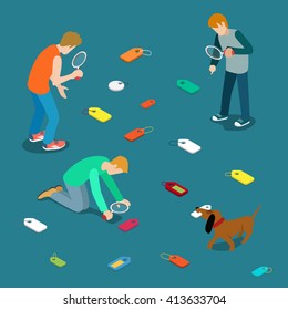 Tagging labeling tag label search concept. Young men dog seek scattered tags. Flat 3d isometry isometric style web site app icon set concept vector illustration. Creative people collection.