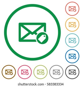 Tagging mail flat color icons in round outlines on white background