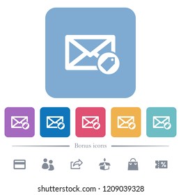 Tagging mail flat white icons in square backgrounds. 6 bonus icons included.