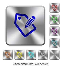 Tagging with pencil engraved icons on rounded square glossy steel buttons