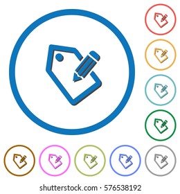 Tagging with pencil flat color vector icons with shadows in round outlines on white background