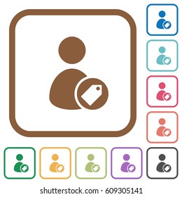 Tagging user simple icons in color rounded square frames on white background