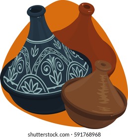 Tagine. Big and small clay pots with covers. Isolated. On orange background.