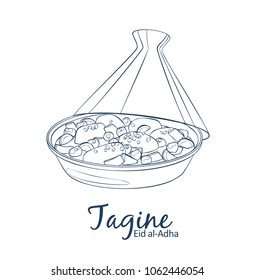 Tagine with chicken meat and vegetables icon. Cartoon vector food illustration. Hand drawn linear illustration on white background