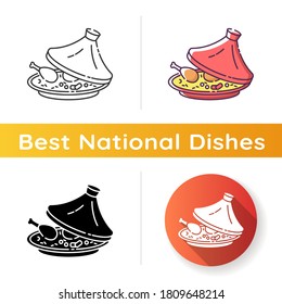 Tagine Icon. National Dish In Authentic Crockery. Food Cooked In Pot. African Maraq. Moroccan Chicken With Rice Garnish. Linear Black And RGB Color Styles. Isolated Vector Illustrations