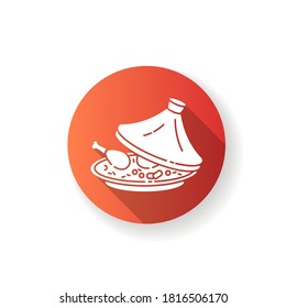 Tagine red flat design long shadow glyph icon. National dish in authentic crockery. Food cooked in pot. African maraq. Marqa from traditional cuisine. Silhouette RGB color illustration