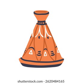Tagine vessel with conical lid, traditional moroccan ceramic pot couscous. North african pottery, con shaped dish. Crockery from Morocco. Flat vector illustration isolated on white background