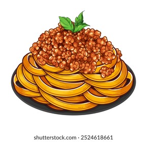 Tagliatelle Bolognese Pasta illustration vector. 
Italian Pasta Dish with Fresh Egg Noodles, Rich Meat Sauce, and Parmesan Cheese Isolated. 
Tagliatelle Bolognese Pasta with Meat Sauce Menu. 