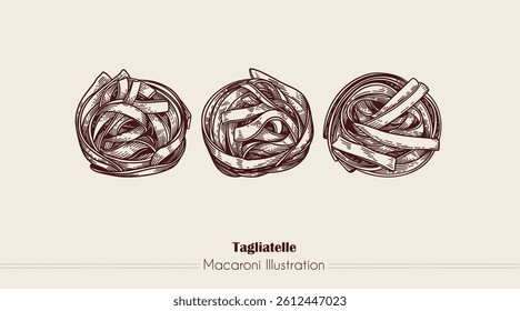 Tagliatelle italian Pasta. Vector hand-drawn sketch of food. Vintage style engraving. etching. Line art