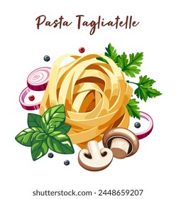 Tagliatelle pasta con verduras y especias sobre fondo blanco. Plantilla de diseño de restaurante italiano. Ilustración vectorial en eps 10. Conveniente para el menú, la receta y el libro de cocina 