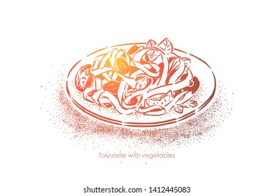 Tagliatelle with vegetables, traditional cuisine, tasty noodles with veggies seasoned with olive oil and salt