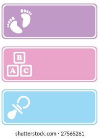 Tags with baby related icons on them, such as footprints, building blocks and a pacifier