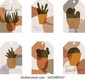 Tags with cactus. Succulent tags. Trendy vector illustration. Labels or stickers with flowers. Set of tags.