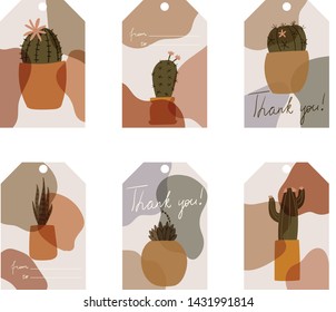 Tags with cactus. Succulent tags. Trendy vector illustration. Labels or stickers with flowers.Set of tags.