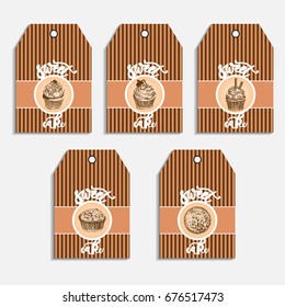 Tags with cake illustration. Sweet vector cakes with cream and berries. Template label set.