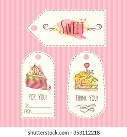 Tags with cake illustration. Vector hand drawn labels with watercolor splashes. Sweet vector cakes with cream and berries. Template label set.