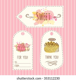 Tags with cake illustration. Vector hand drawn labels with watercolor splashes. Sweet vector cakes with cream and berries. Template label set.