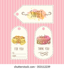 Tags with cake illustration. Vector hand drawn labels with watercolor splashes. Sweet vector cakes with cream and berries. Template label set.