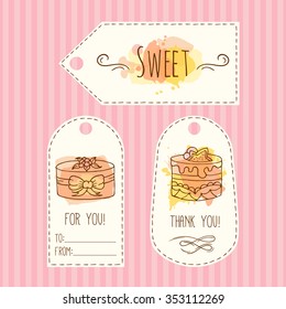 Tags with cake illustration. Vector hand drawn labels with watercolor splashes. Sweet vector cakes with cream and berries. Template label set.