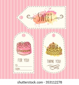 Tags with cake illustration. Vector hand drawn labels with watercolor splashes. Sweet vector cakes with cream and berries. Template label set.