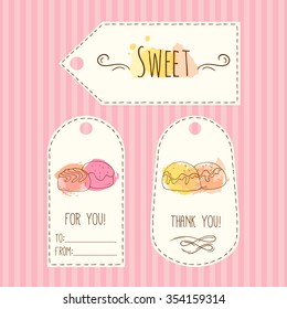 Tags with candy illustration. Vector hand drawn labels set with watercolor splashes. Sweet vector chocolate candies design.  Template label set.