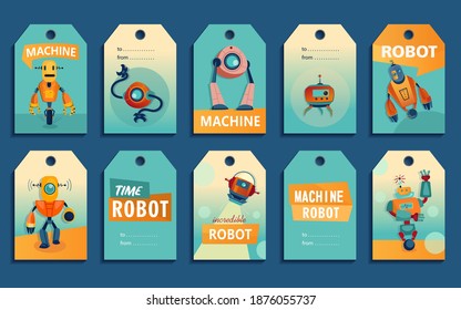 Tags cartoon set robots. Machines, cyborgs, electronic assistants vector illustrations with text. Robotics and machinery club concept for labels and postcards design