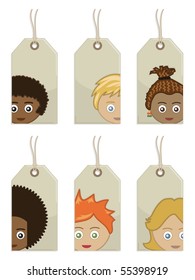 tags with childrens faces with clipping masks