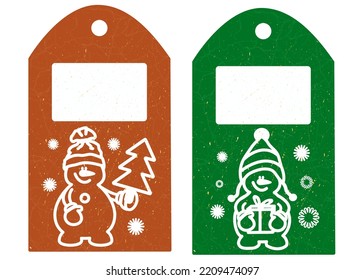 Tags for christmas and new year. Snowmen with a Christmas tree and a gift.