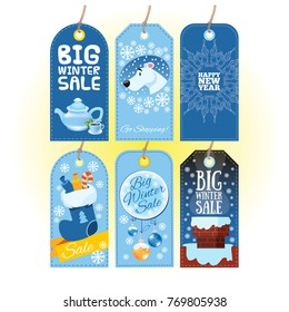 Tags with Christmas and New Year theme in blue tones.