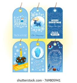 Tags with Christmas and New Year theme in blue tones.