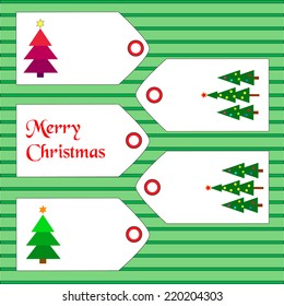 Tags with christmas tress and wishes on green lined background. Eps10 vector format. 